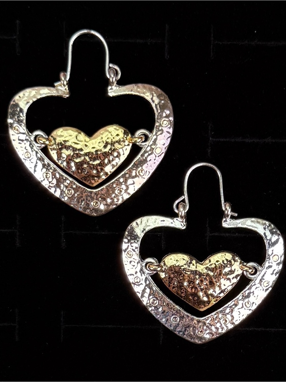 Goldtone Silvertone Hammered Heart Drop Pierced Earring
